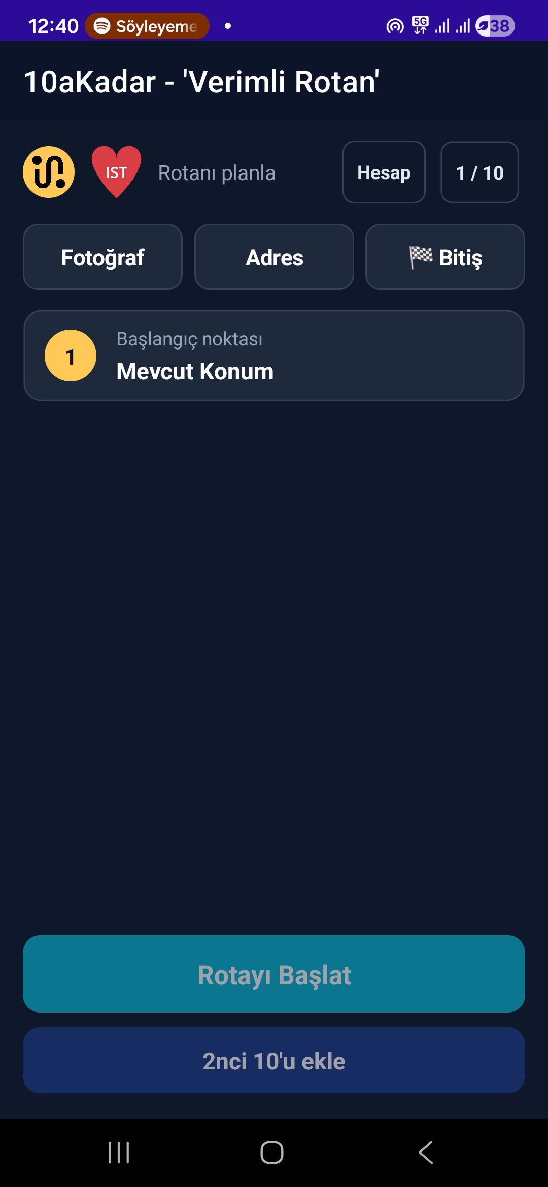 Rota planlama başlangıç ekranı