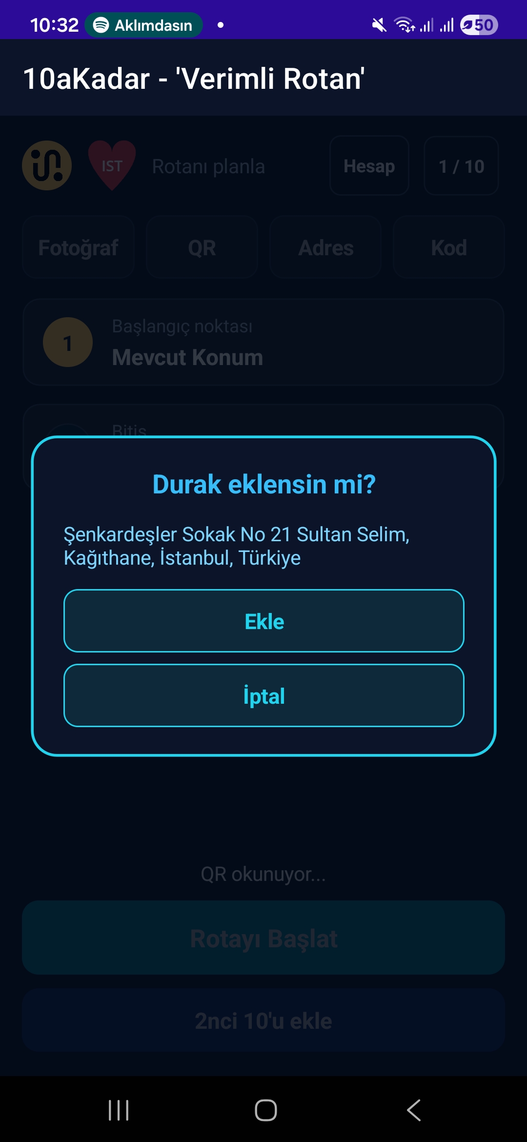 QR'dan durak ekleme onayı
