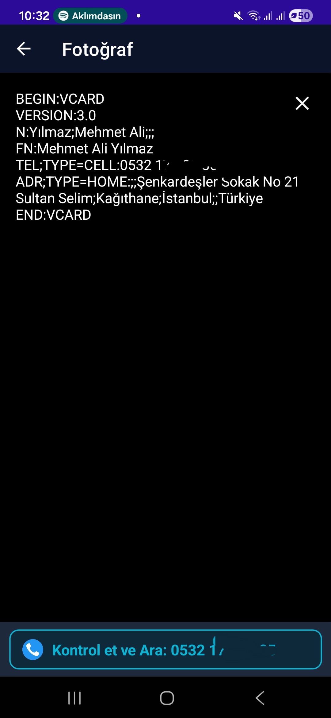 QR'dan okunan kişi kartı (vCard)