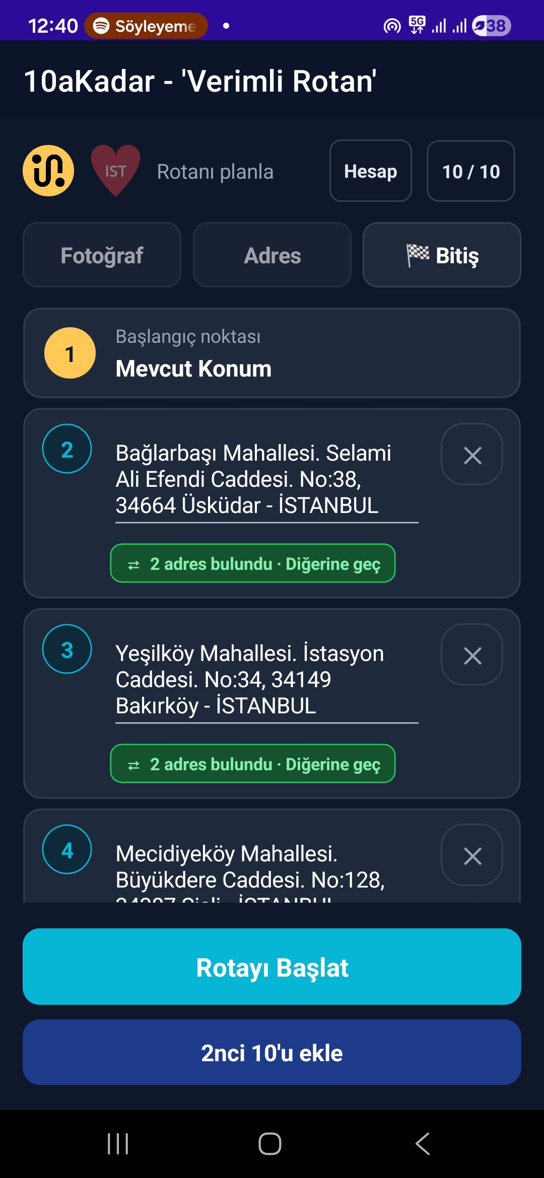 Fotoğraftan okunan adreslerin listesi