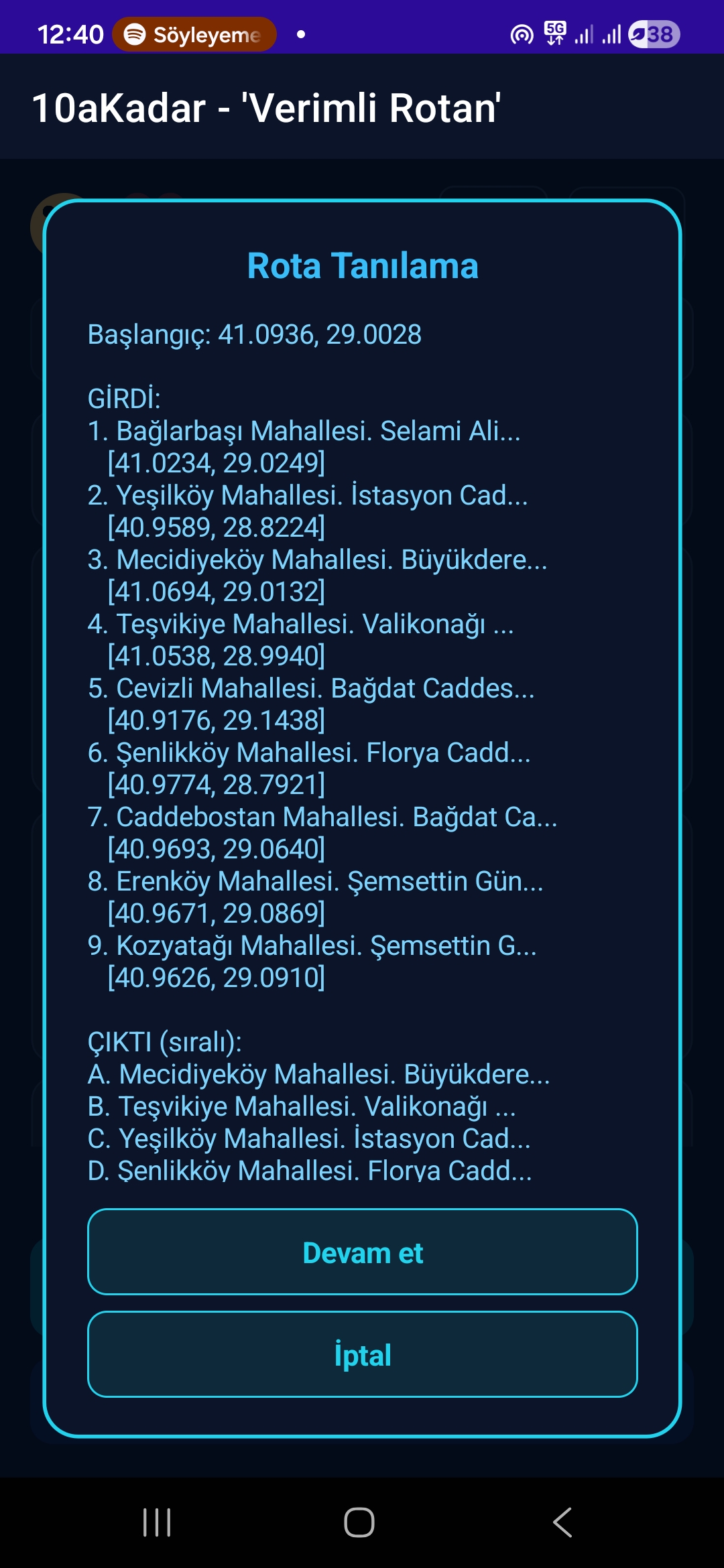 Rota tanılama (OCR) ekranı