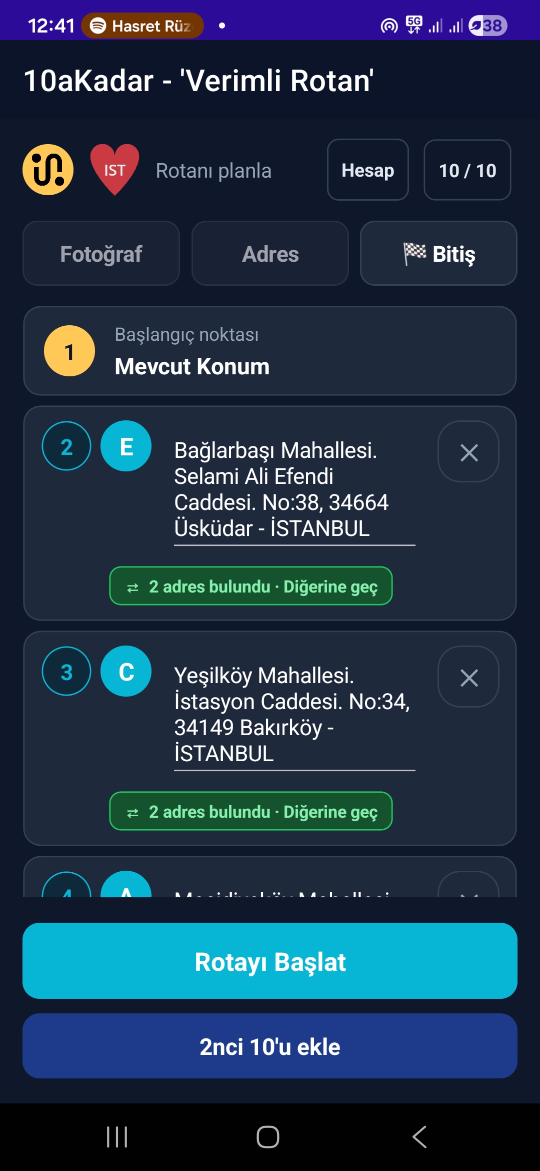 10aKadar uygulamasında optimize edilmiş teslimat rotası ekranı