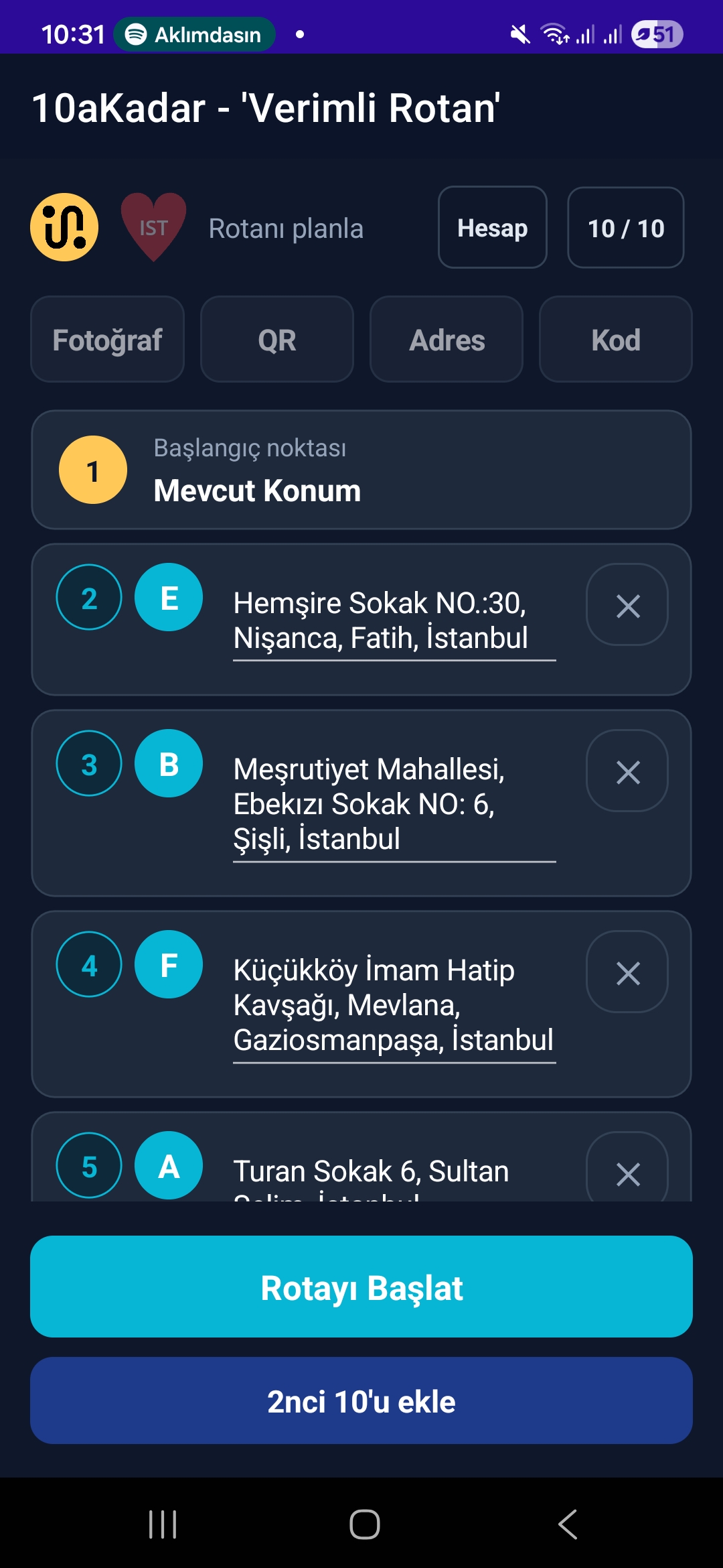 10aKadar uygulamasında optimize edilmiş teslimat rotası ekranı